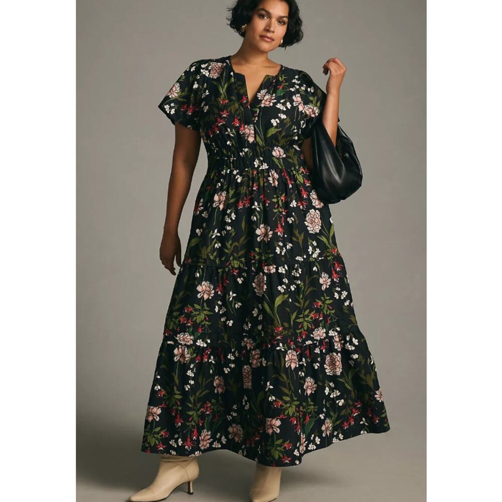 Anthropologie Somerset Maxi Dress Size XL Black Dark Floral Print Tiered - Picture 3 of 14